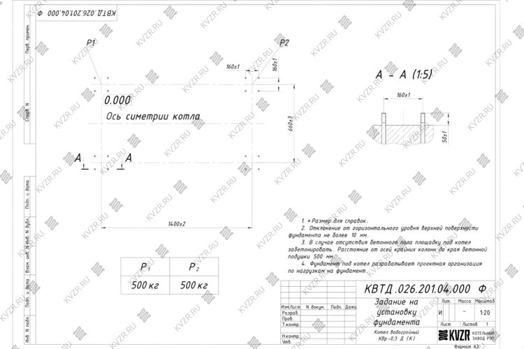 Чертеж фундамента котла на дровах 0.3 МВт с колосниками